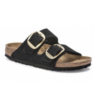 Birkenstock Arizona Big Buckle Pantolette in black gold Birkenstock Arizona Big Buckle Pantolette in black gold